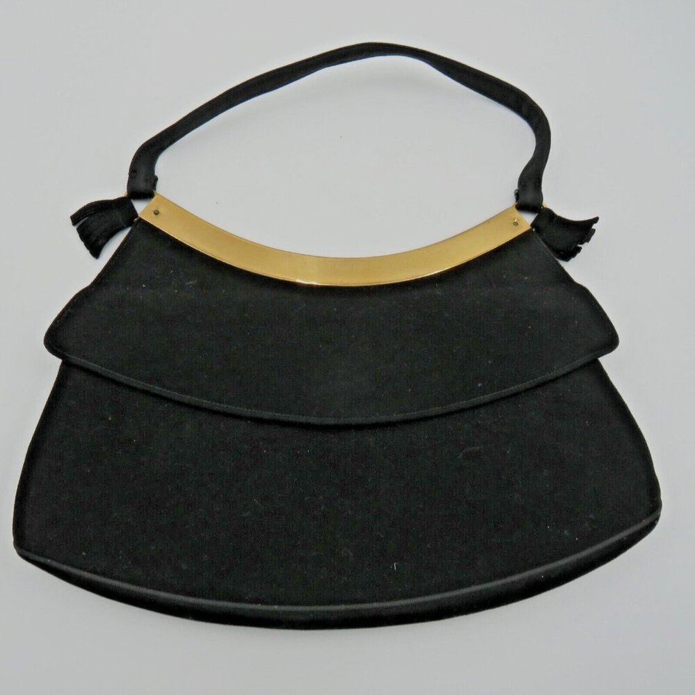 Lennox Bags Purse Black Faux Suede Gold Tone Trim Hand Strap‎ Vintage Snap Close